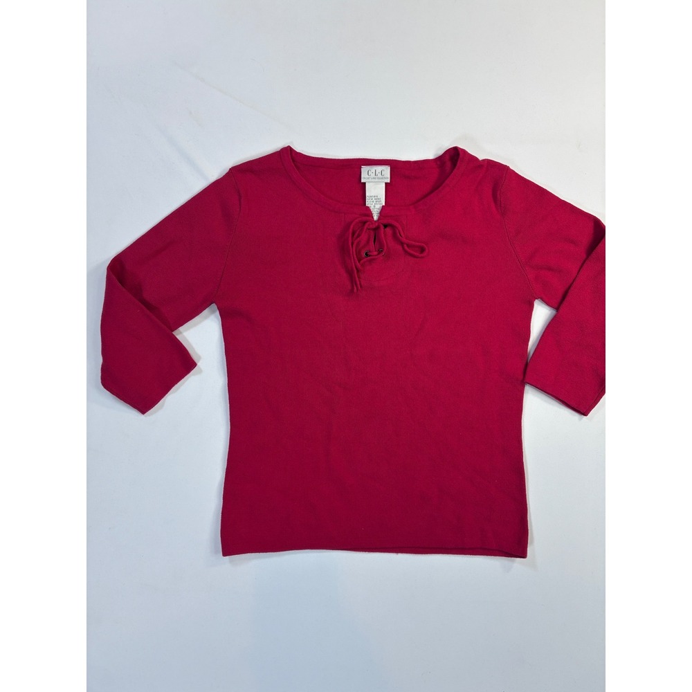 Vintage Y2K Cherry Girl Preppy CLC Red Knit Lace Up Neck 3/4 Sleeve Top Size S
